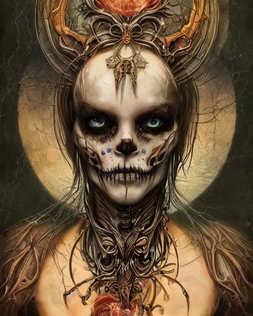 Image similar to perfectly centered portrait front view of a angry dead rotten beautiful female skull growing ornamentation all around, ornate, detailed, symmetrical, elegant, beautifully soft lit, by wayne barlowe, peter mohrbacher, kelly mckernan