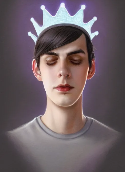 Image similar to portrait of teenage jughead jones wearing a light grey crown, photorealistic, crown, eyes closed, crown, black hair, intricate, elegant, glowing lights, highly detailed, digital painting, artstation, concept art, smooth, sharp focus, illustration, art by wlop, mars ravelo and greg rutkowski