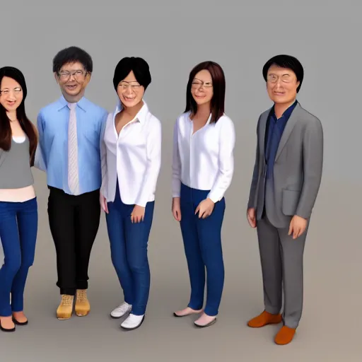 Prompt: 3D render of a group of happy asian mathematicians. Highly realistic. Highly detailed. High resolution. Dramatic. 8k