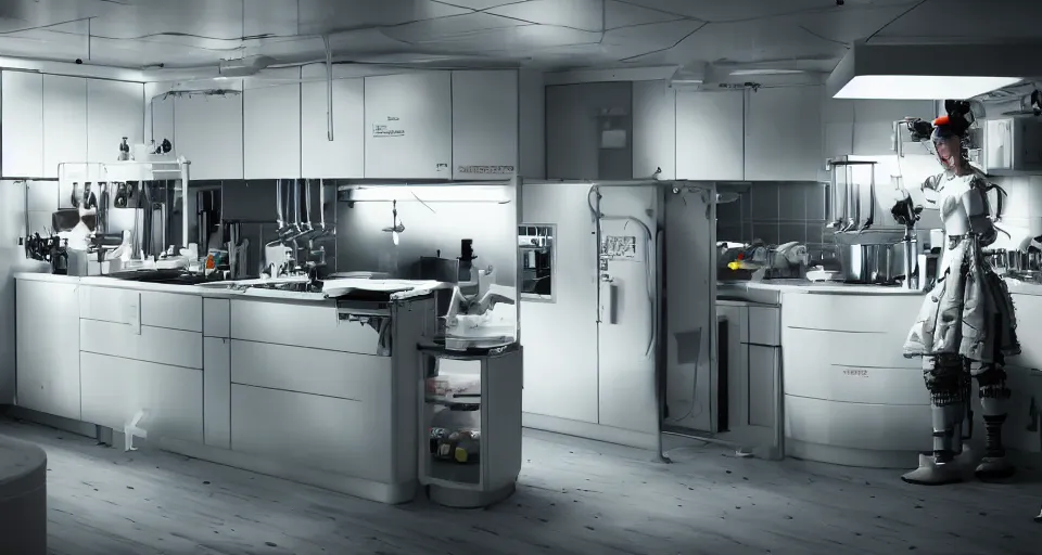 Image similar to IKEA catalogue photo of a cyberpunk kitchen on a spaceship, by Takashi Murakami