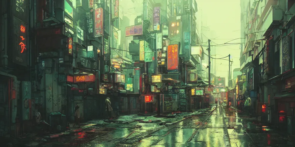 Image similar to Cyberpunk back alley on a rainy day in Japan, low angle view, detailed matte painting, cinematic, Simon Stalenhag, Artstation