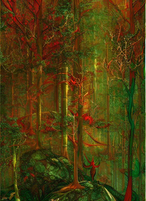 Prompt: magical fantasy forest, green red gold palette, by james jean and hiroshi yoshida and brian froud, photo, textured