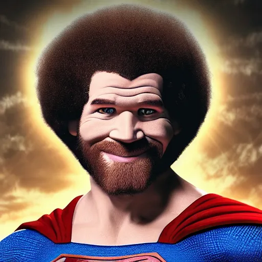 Prompt: bob ross as superman, cinematic lighting. 4 k.