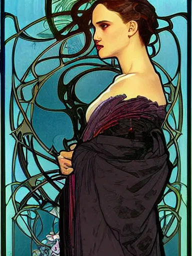 Image similar to a beautiful painting of natalie portman by Alphonse Mucha and by joe quesada, Art Nouveau, Neo-Gothic, gothic, award winning painting, hyperdetailed, detailed