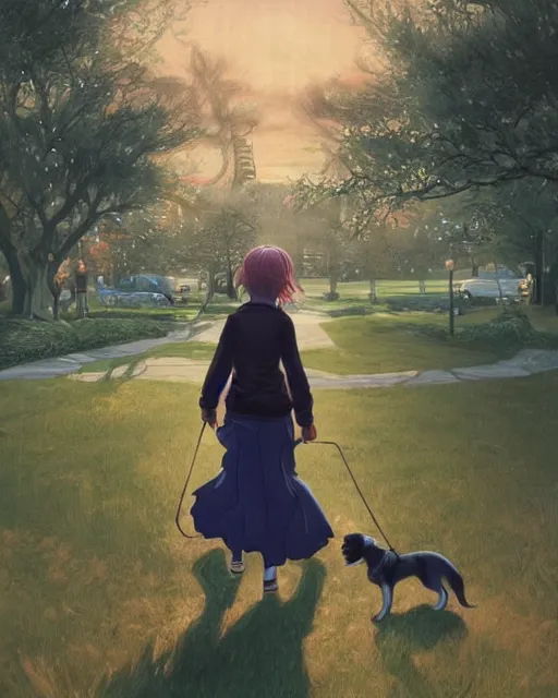 Image similar to a girl walking her small dog at the park, full shot, focused, ambient lighting, detailed face, art by ayami kojima, makoto shinkai, kilian eng