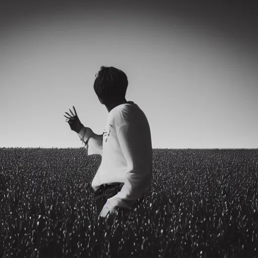 Prompt: a modern abstract portrait of a man, a field in the background, black-and-white, profile picture, 50 mm