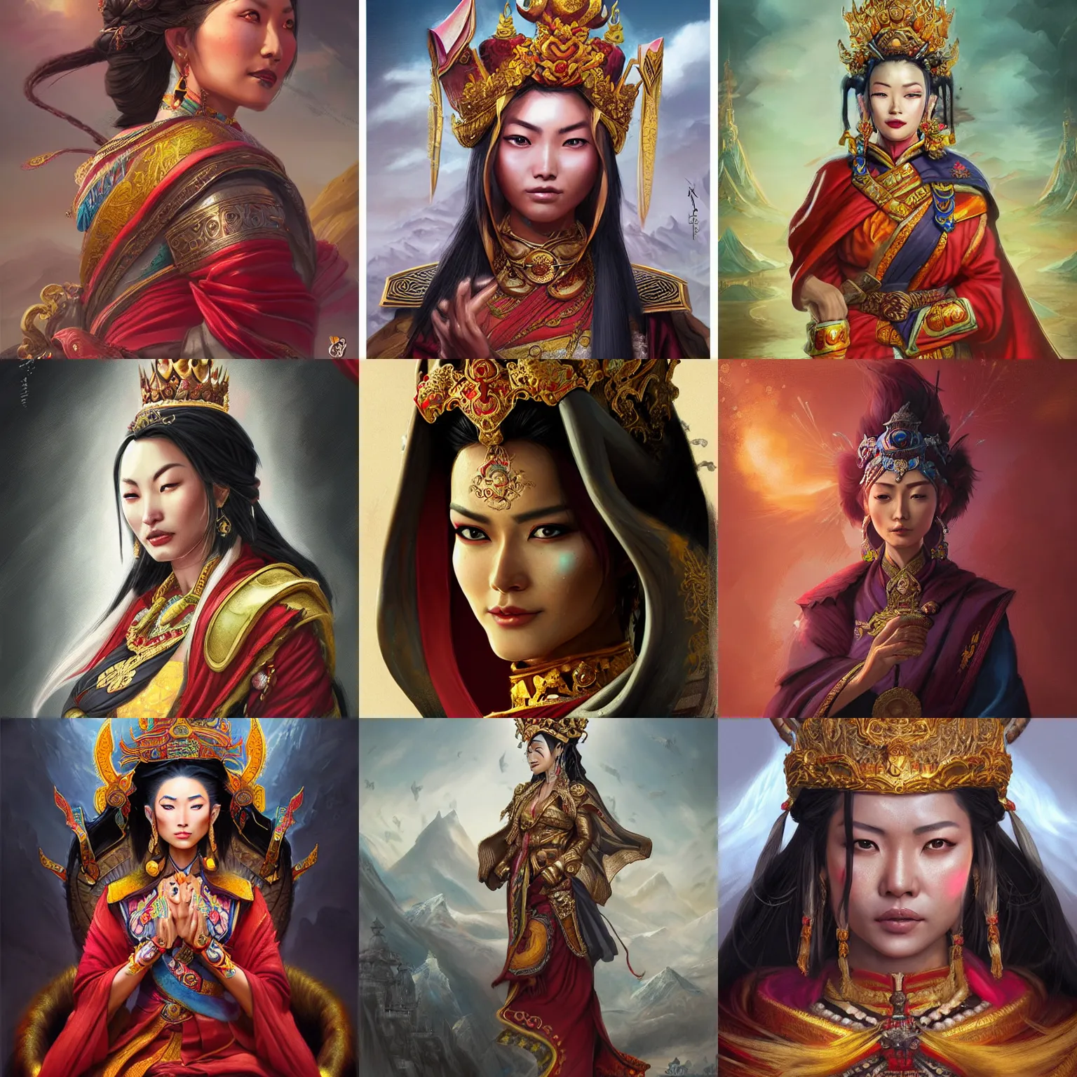 Prompt: tibetan empress, D&D, fantasy, portrait, highly detailed, digital painting, trending on artstation, concept art, sharp focus, illustration, art by artgerm and greg rutkowski and magali villeneuve