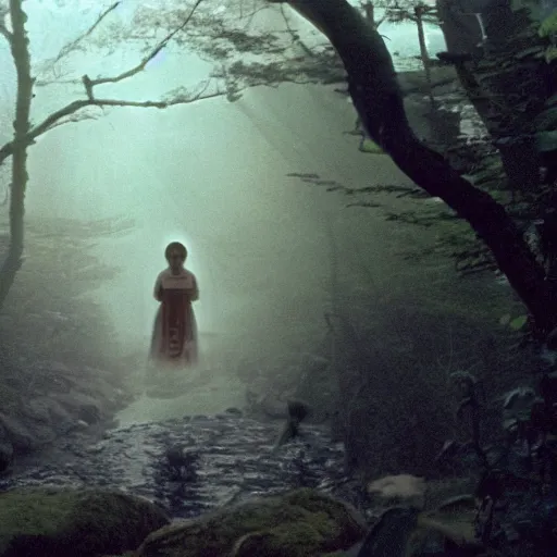 Prompt: a film still of an unsettling but beautiful female yokai haunting the depths of a Japanese forest, cinematography by sven nykvist