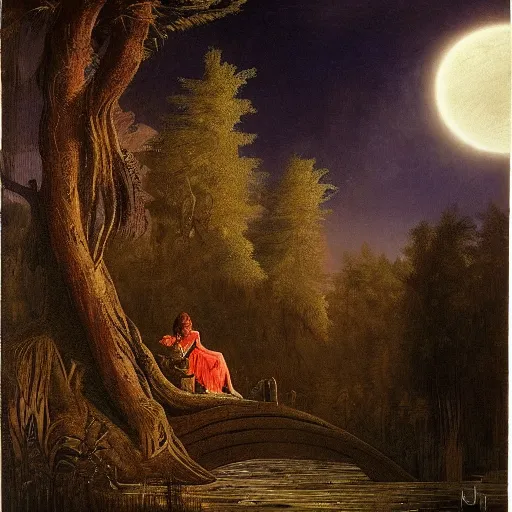 Image similar to rusalka sits by a pond in an apocalyptic dark forest at night, moon gazing, by john martin