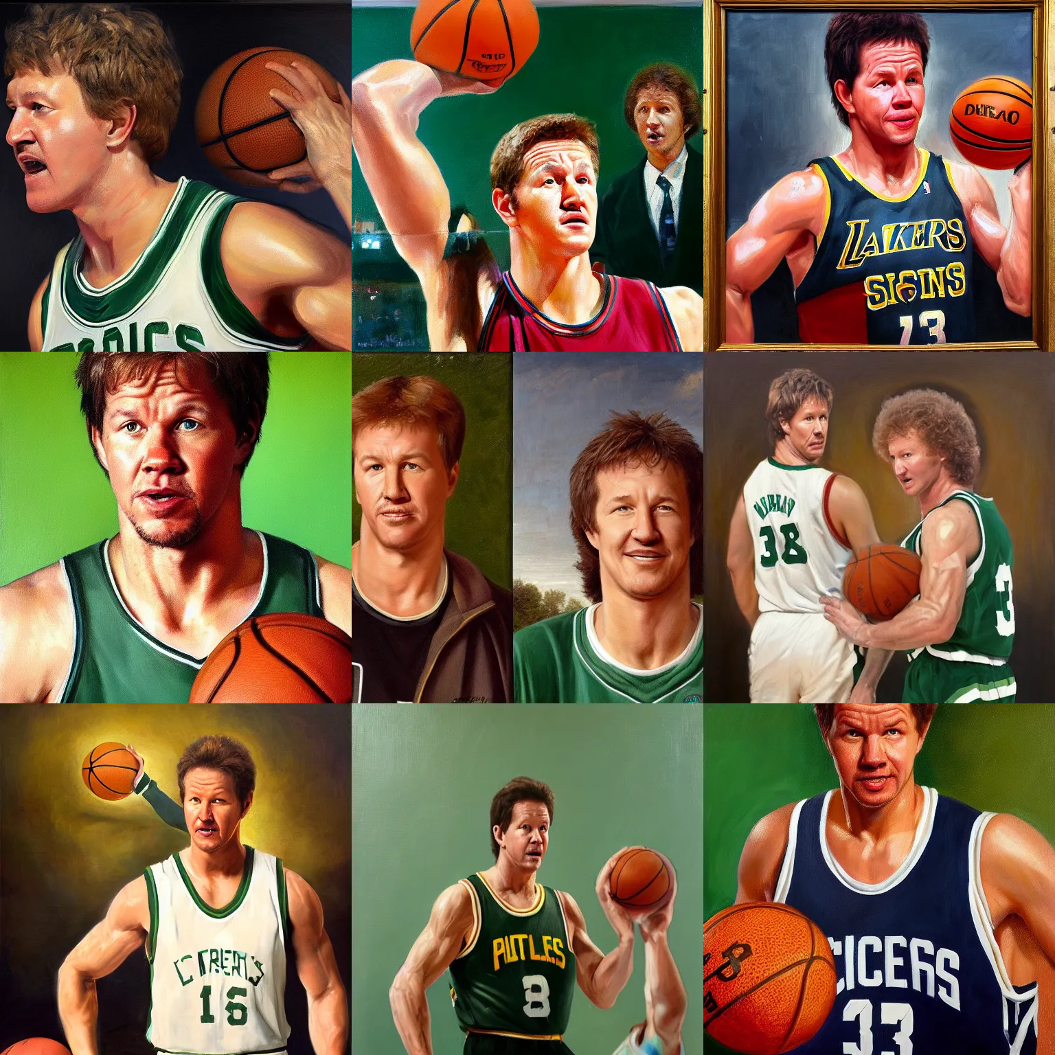 Prompt: portrait of mark wahlberg portrays larry bird, mark wahlberg sweating on the basketball court, oil on canvas painting, oil on canvas by william sidney mount - 1 8 3 3, trending on artstation