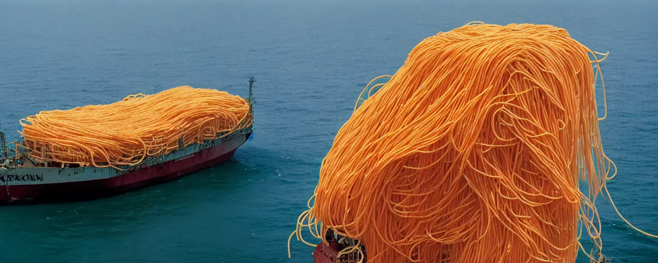 Image similar to a ship carrying a load of spaghetti across the ocean, national geographic, detailed, canon 2 0 mm, wes anderson, kodachrome