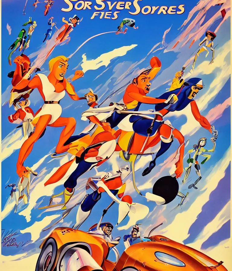 Image similar to Hannah Barbera cartoons of Five Star Stories as Whacky Races, promotional poster super detailed , xpensive production, realistic style, gouache colors, Hollywood retro cartoon poster, golden era of animation work