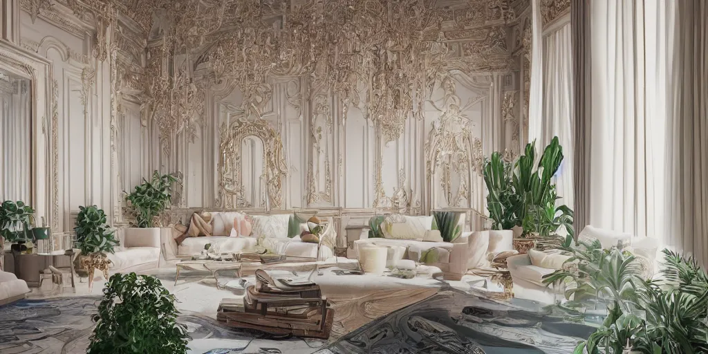 Prompt: a modern indoor room surounded a hiper detailed colorfull melting wax, clean architecture, pastel colored, baroque, a couch, a couch table, some fresh plants, intricate detailed 3 d render, hyper realistic intricate acrilic fluid art, elegant, intense colors, wide shot, octane render, concept art, daylight, peaceful, 8 k