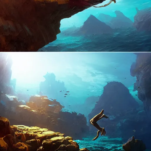 Image similar to man diving next to underwater box of treasure, beautiful dynamic lighting, cinematic, wide angle establishing shot, extremely high detail, photo realistic, cinematic lighting, post processed, concept art, artstation, matte painting, style by frederic church, raphael lacoste, unreal engine 8k