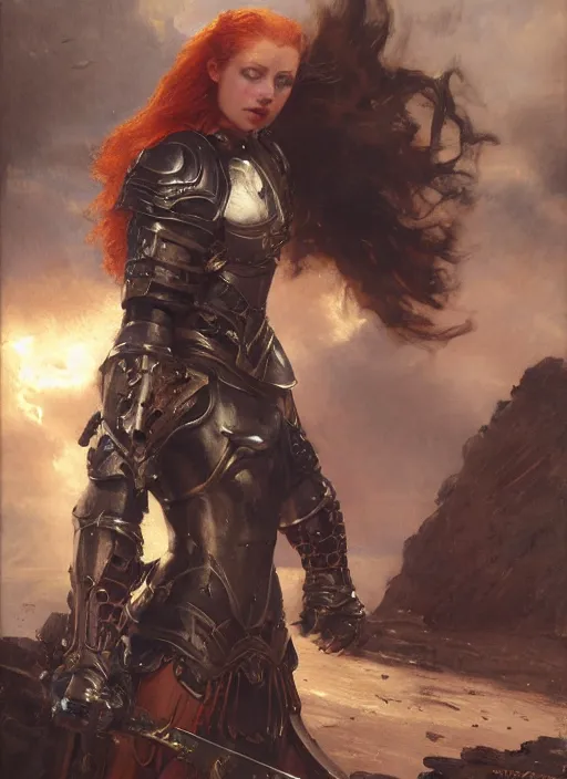 Image similar to beautifull young redheaded muscular woman wearing black medieval armour, by gaston bussiere, bayard wu, greg rutkowski, giger, maxim verehin, greg rutkowski, masterpiece, sharp focus, cinematic lightning