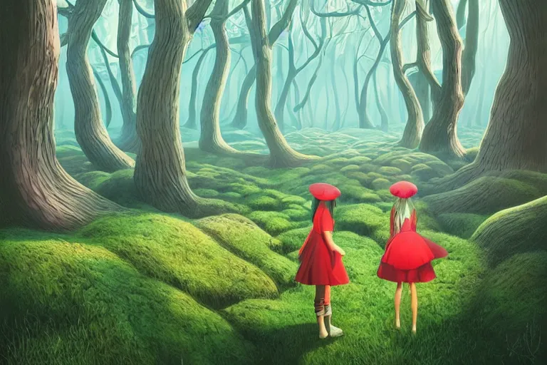 Image similar to alice in wonderland digital illustration by ilya kuvshinov, surreal mushroom forest by beeple