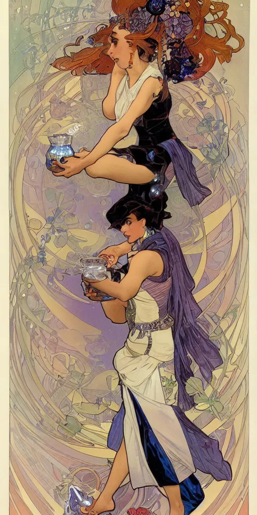 Image similar to a woman wearing outer space as a dress, pouring water from a vase into the milky way, by joe madura, by alphonse mucha, battle chasers.