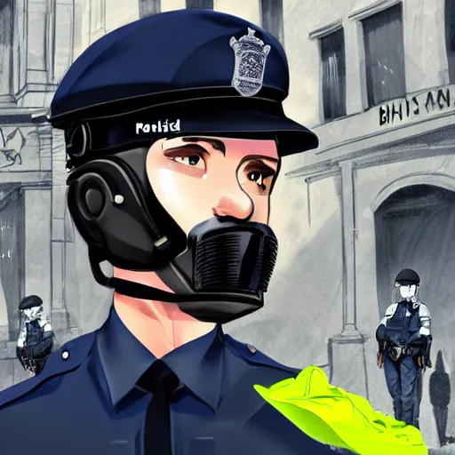 Image similar to A British police officer in London, wearing hivis and and a custodian helmet, anime art style, highly detailed, ambient lighting, trending on art station