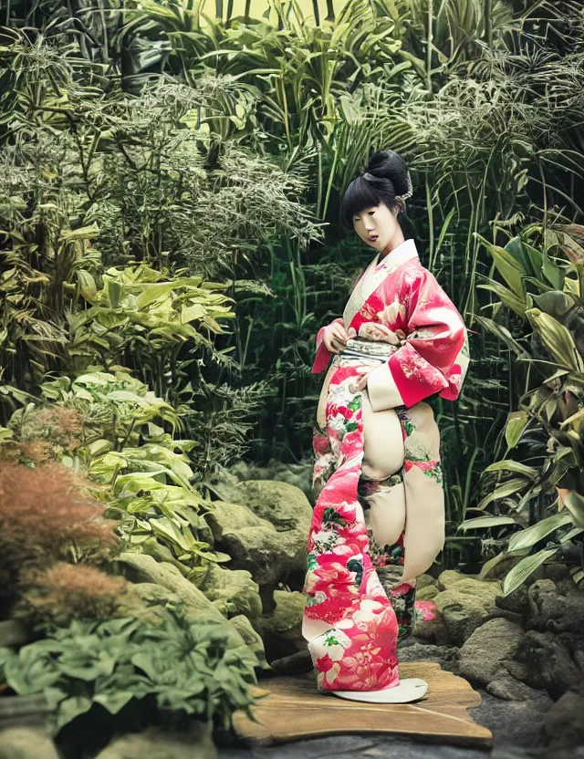 Prompt: fashion photograph of a beautiful Japanese woman wearing a traditional kimono in a tropical greenhouse, by Annie Leibowitz, by Alessio Albi, extremely detailed, large format camera, Fuji Provia film, 85mm lens, bokeh, blurred background, photorealistic, trending on instagram, trending on artstation
