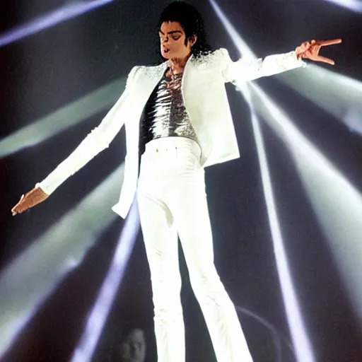 Image similar to thin!!! michael jackson with thin highly detailed anatomically correct face, standing on stage live at the indoor o 2 arena wearing a sparkling white diamond outfit with large thin shoulder pads!!!!! doing a concert, multiple flashing lights and colorful spotlights, beautiful photography, cinematic, award - winning photo, highly detailed, this is it