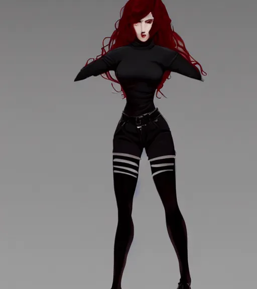 Prompt: a woman wearing black clothes, full body shot, red hair, highly detailed, digital painting, artstation, concept art, smooth, sharp focus, illustration