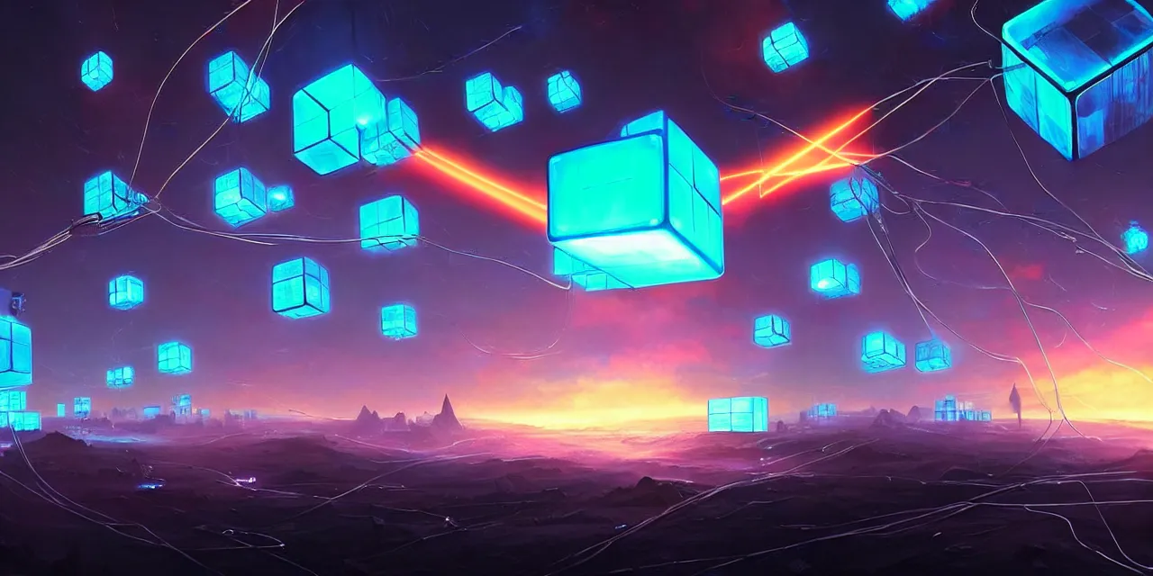 Prompt: a fleet of giant glowing futuristic cubes tied to each other with lots of glowing wires in the sky, thick glowing wires, light rays bouncing between cubes, a fantasy magical landscape seen in the distance, atmospheric lighting, intricate, volumetric lighting, beautiful, sharp focus, ultra detailed, in the art style of marc simonetti, bowater charlie and brom gerald, astrophotography