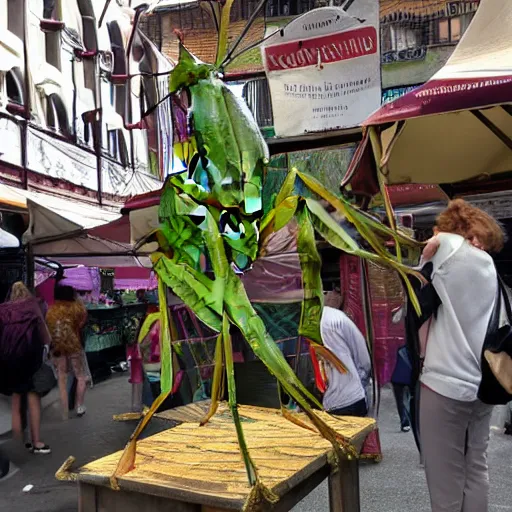 Image similar to Photorealistic human-sized Mantis religiosa shipping in medival street market