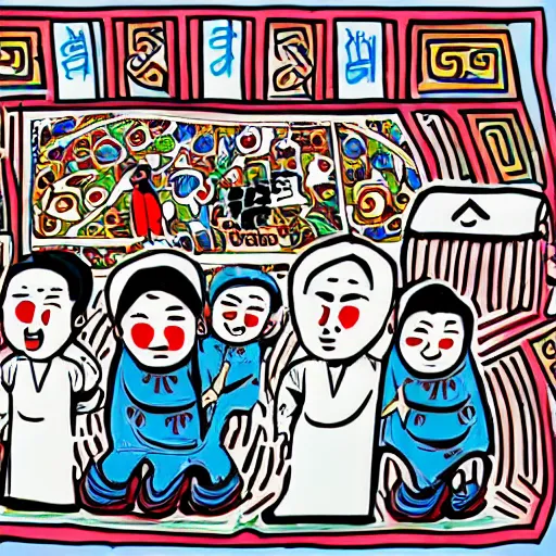 Image similar to uyghur Uighur family in a prison, heart kidney lungs, in the style of daniel johnston and outsider art, 4k, line brush, overlaid with chinese adverts