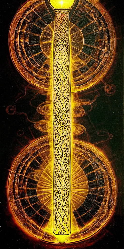 Prompt: an alchemical fiery lighthouse radiates a unique canto'as above so below'while being ignited by the spirit of haeckel and robert fludd, breakthrough is iminent, glory be to the magic within, in honor of saturn, painted by ronny khalil