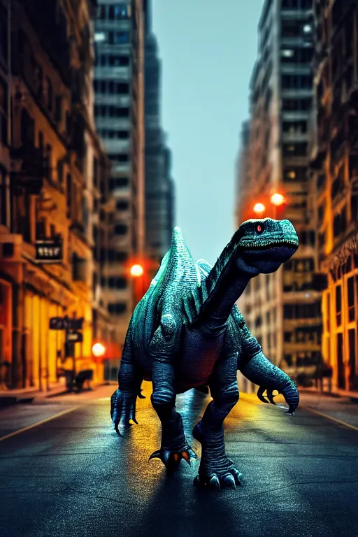 Prompt: large dinosaur walking through a city street at night, highly detailed, ultra realistic, cinematic lighting, professional photography, mild depth of field