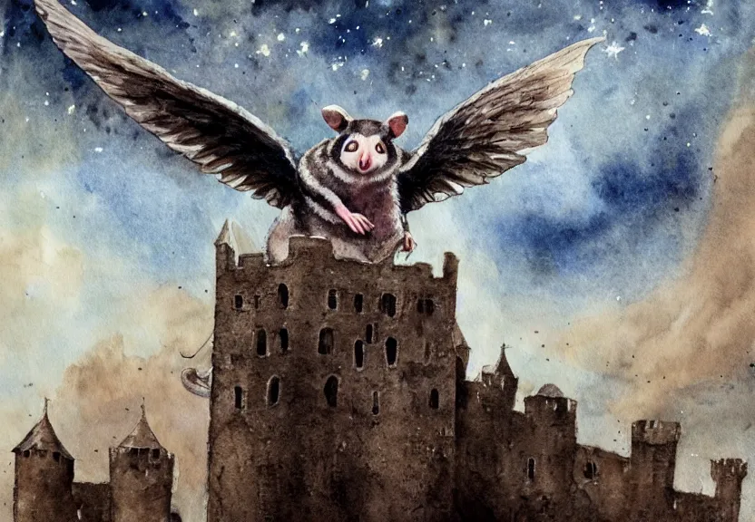 Prompt: Threatening winged possum flying over a medieval castle under a dark starred sky, dark fantasy, watercolor, dreaming illusion, highly detailed, 4k, trending on Artstation, award-winning