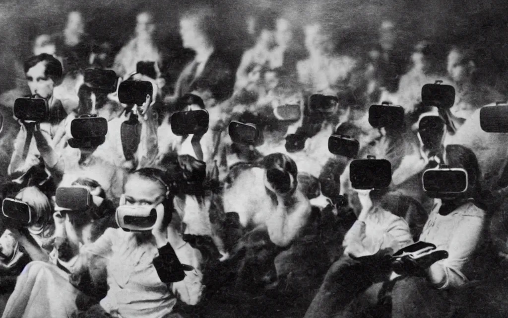 Image similar to 1 9 0 0 s photo of people using iphones ipods virtual reality headsets vr in a movie theater double exposure masterpiece