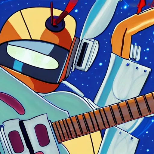 Image similar to A cell animation of a robot playing guitar, macross, gundam, ghibli style, illustration, anime, trending on artstaion