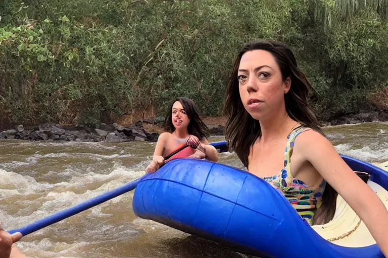 Prompt: Aubrey Plaza at Disney World riding Kali River Rapids, soaked, streaked makeup, deadpan, 8k detailed photo