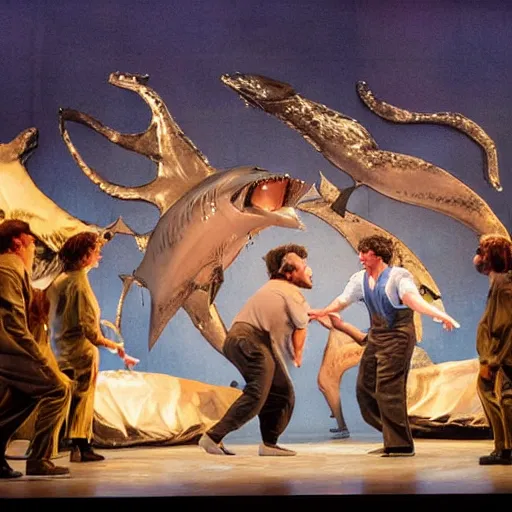 Image similar to award winning Production photo of Jaws the musical on broadway, dancing, singing, costumes by Julie Taymor, set design by Julie Taymor