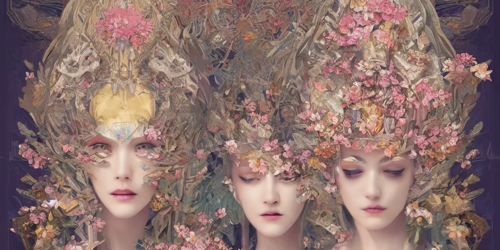 Image similar to breathtaking detailed concept art painting kaleidoscope art deco pattern of blonde faces goddesses amalmation flowers, by hsiao - ron cheng, bizarre compositions, exquisite detail, extremely moody lighting, 8 k