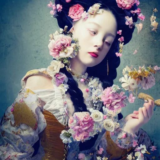 Image similar to 8k, octane render, realism, tonalism, renaissance, rococo, baroque, portrait of a young lady wearing long harajuku manga dress with flowers and skulls, background chaotic gold leaf flowers