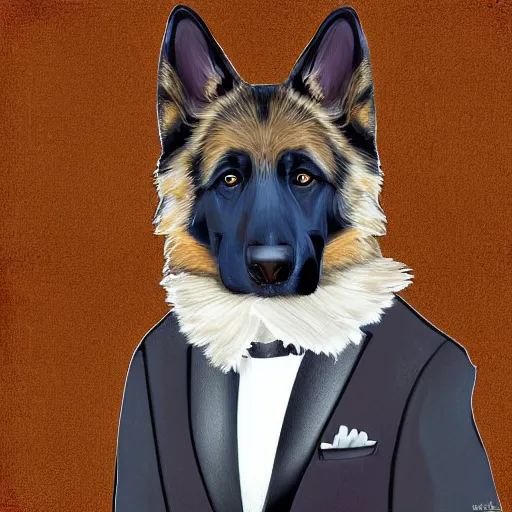 Prompt: German Shepherd wearing a tuxedo, Digital Art