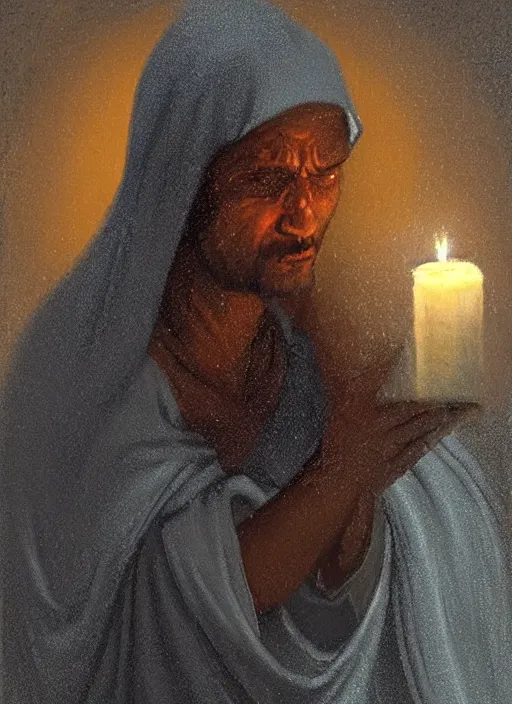 Prompt: oil painting portrait of a weeping sobbing tonsured dominican monk in a brown habit, kneeling in a blue cold moonlit empty small chapel at night, hazy, digital art, artstation, cinematic, moonlight, digital art painting by greg rutkowski, hazy atmosphere, candles, cinematic blue lighting