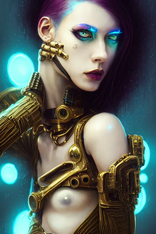 Image similar to soft lustrous ivory ebony raver gutter punk gothic cyborg, golden ratio, flowerpunk, details, scifi, fantasy, cyberpunk, intricate, decadent, highly detailed, digital painting, octane render, artstation, concept art, smooth, sharp focus, illustration, art by artgerm, loish, wlop