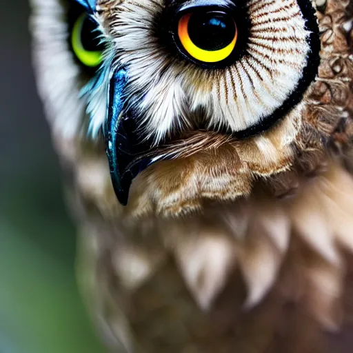 Image similar to owl mixed with black widow spider, hybrid creature, macro lens, bokeh, kodak color film stock