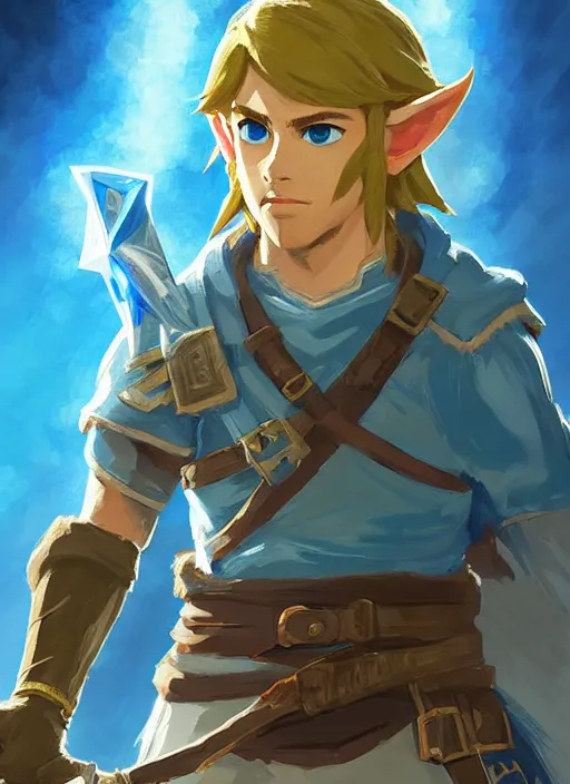 Prompt: link breath of the wild great portrait, cinematic lighting, glowing blue runes, highly detailed, d & d, fantasy, highly detailed, digital painting, trending on artstation, concept art, sharp focus, illustration, art by artgerm and greg rutkowski and fuji choko and viktoria gavrilenko and hoang lap