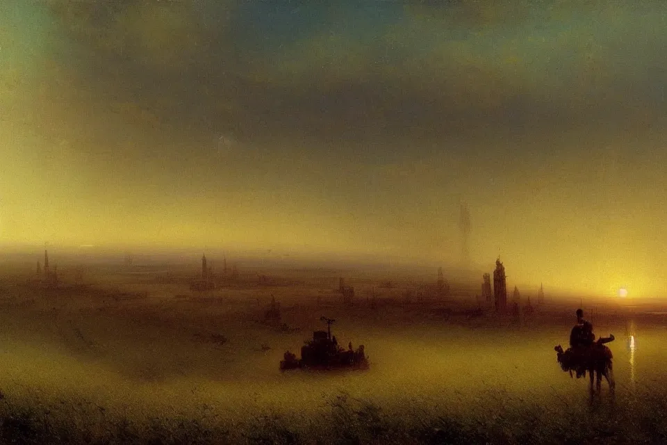 Prompt: sci-fi painting of a large alien city on the vast wheat fields, by Ivan Aivazovsky, godrays, atmospheric, cinematic, detailed