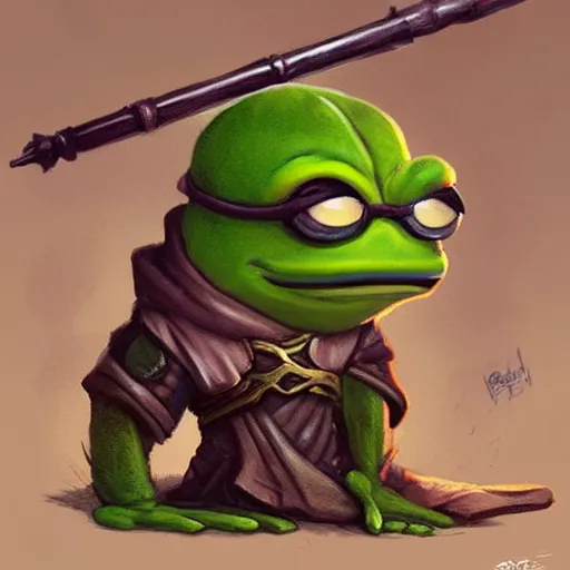 Image similar to cute little anthropomorphic pepe frog, wielding a magic staff, tiny, small, short, wizard robe, cute and adorable, pretty, beautiful, dnd character art portrait, matte fantasy painting, deviantart artstation, by jason felix by steve argyle by tyler jacobson by peter mohrbacher, cinema