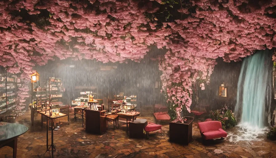 Prompt: a Wes Anderson 35mm film still of a very surreal magic bookshop with a beautiful waterfall inside, apothecary, botanical garden, falling cherry blossom pedals, in the style of Gucci, glowing lights and floating lanterns, foggy atmosphere, rainy, moody, muted colors, magic details, very detailed, 8k, cinematic look, octane render, psychedelic,