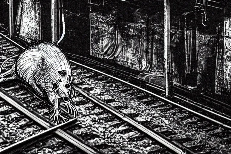 Image similar to very large giant mutant zombie irradiated rat sraying on railways in tonnel of moscow subway. extreme high detail. low dark light, scary atmosphere.