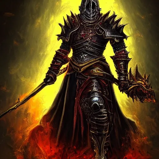 Image similar to three - ply portrait the great death knight dark souls in golden red armor made of polished dragon bones looks relaxed, quantum physics, victorian era
