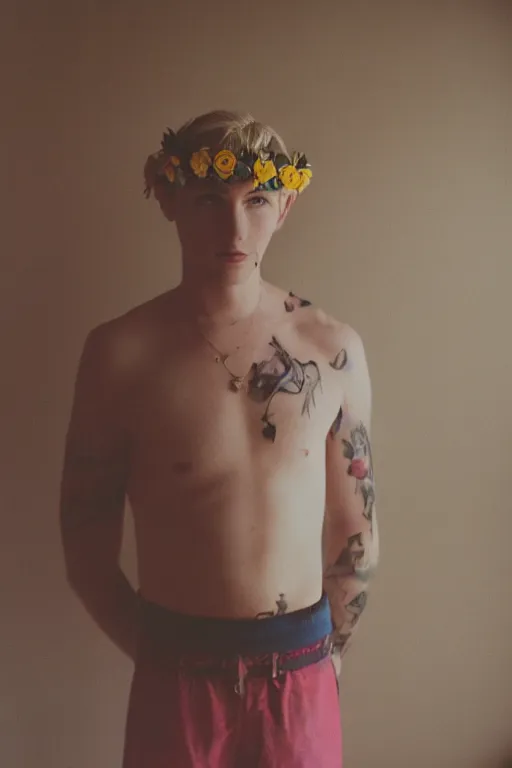 Image similar to agfa vista 4 0 0 photograph of a skinny blonde guy standing in a cluttered 9 0 s bedroom, flower crown, back view, grain, moody lighting, moody vibe, telephoto, 9 0 s vibe, blurry background, vaporwave colors!, faded!,