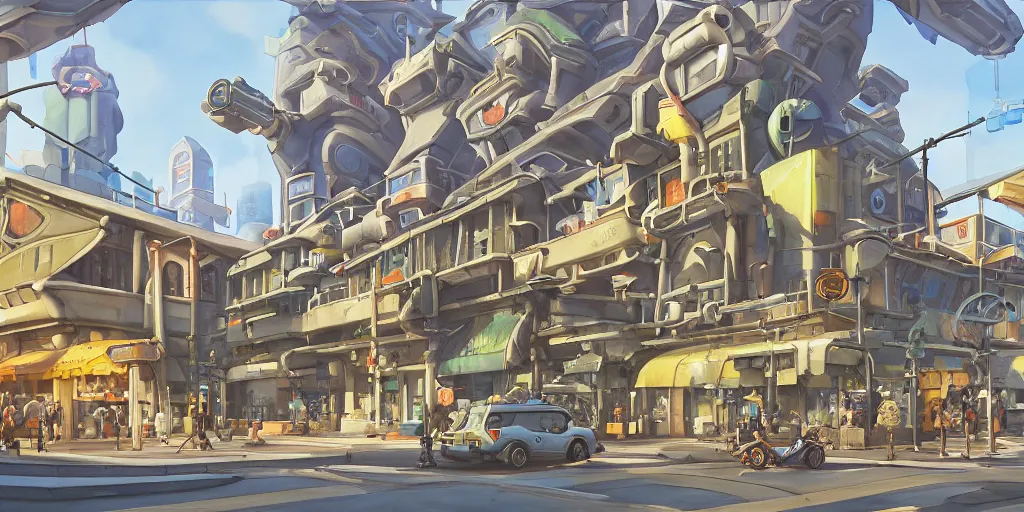 Image similar to overwatch building, stylized, exterior, architecture, in watercolor gouache detailed paintings, insanely detail, artstation, 8 k, futuristic, big medium small, arcane, simon stalenhag, food stall, interesting shapes & form, golden ratio, hard surface, props, lots of decoration, megastructures, floating city, tree and plants, solarpunk, japanese downtown