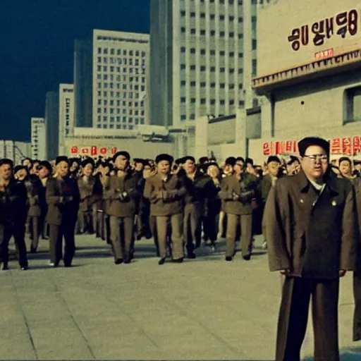 Image similar to cinematic shot of cybernetic kim il - sung standing in a street in pyongyang as a crowd of people cheer in the background, 8 k,